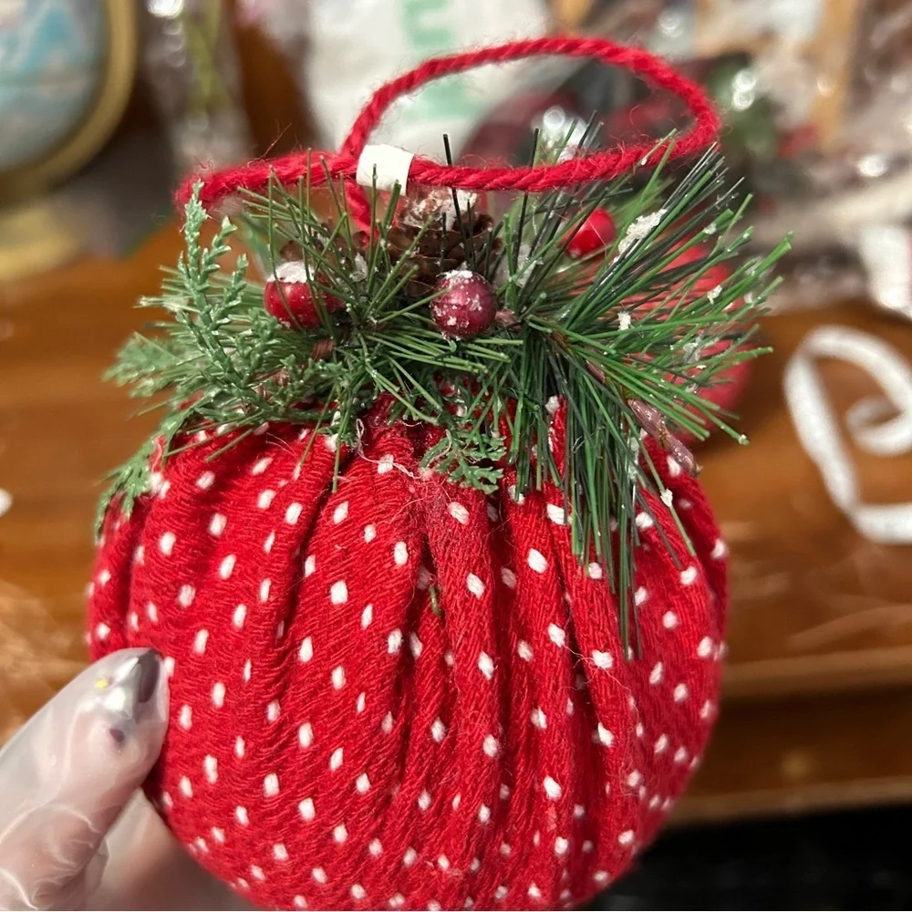 Red, White And Green Dotted Decorative Bauble Ornament - Set Of 2 - “Icicles”